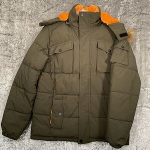 Kids Olive Puffer Jacket with Orange Hood